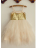 Spaghetti Straps Gold Sequin Champagne Tulle Ruffled Flower Girl Dress
